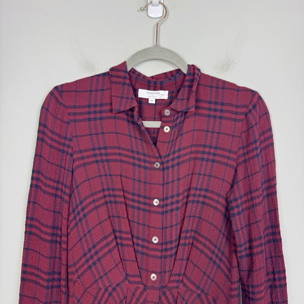 THAKOON COLLECTIVE | Plaid Burgundy & Navy Blue Crepe Shirt Dress Women’s Size 0 - Picture 8 of 14